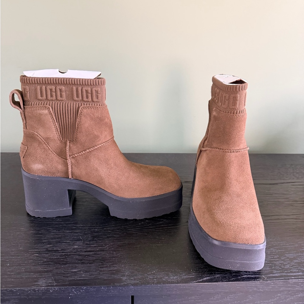 UGG Chestnut Suede Platform Ankle Boots with Knit Cuff